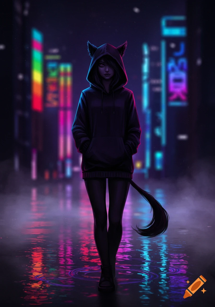 Anime cat-girl in a black hoodie and leggings walking on a wet, neon-lit cyberpunk city street at night.