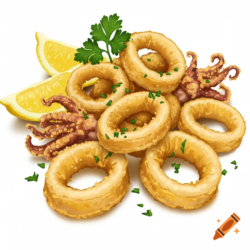 A plate of crispy golden fried calamari rings and tentacles, garnished with fresh parsley and lemon wedges, on a white background.