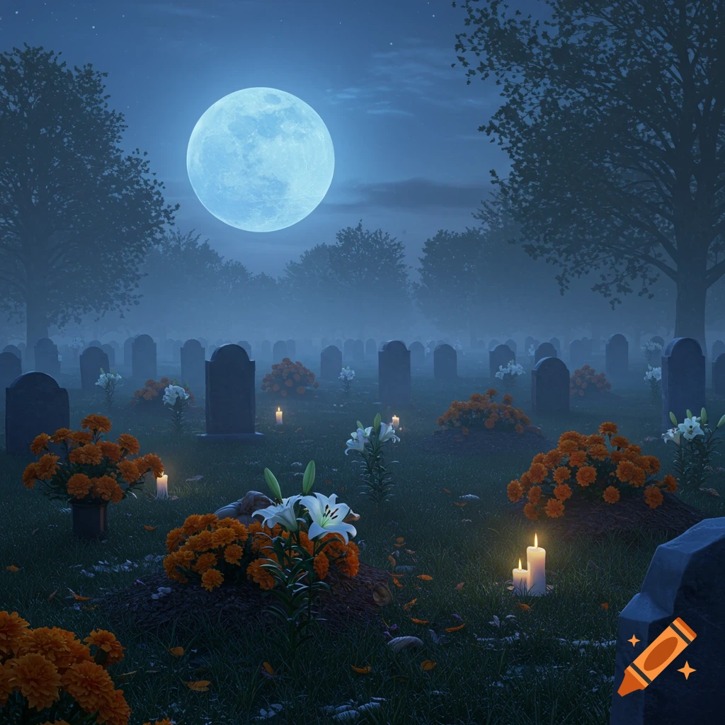 A moonlit cemetery at night with mist, gravestones, and graves adorned with orange and white flowers.