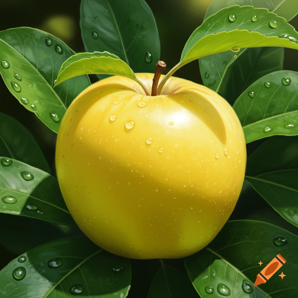 Photorealistic yellow apple with water droplets nestled among green leaves.