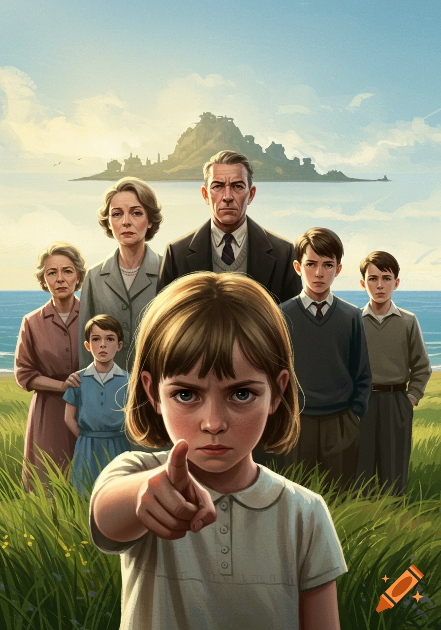 An illustration of a serious child pointing at the viewer, a concerned family behind them on a grassy hill by the sea with an island.