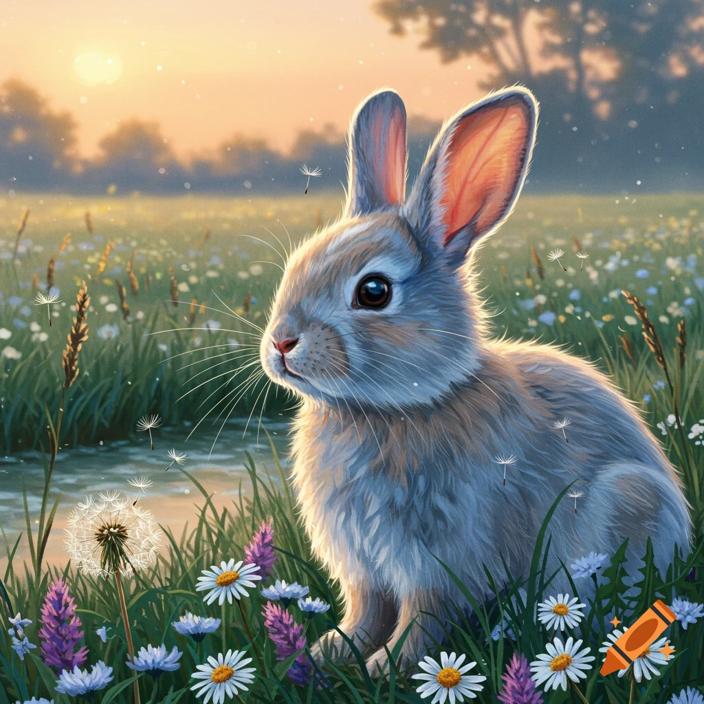 A fluffy grey bunny sits among colorful wildflowers in a sunlit meadow, with a stream and trees in the background.