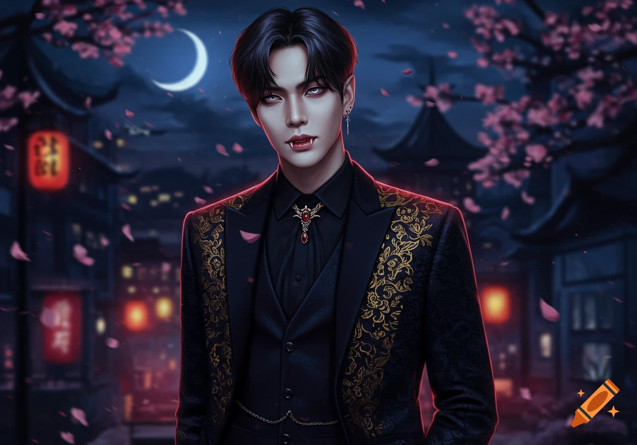 A pale-skinned male vampire with white eyes and fangs, wearing a black suit with gold embroidery, stands under a crescent moon with cherry blossoms and traditional Asian buildings in the background.