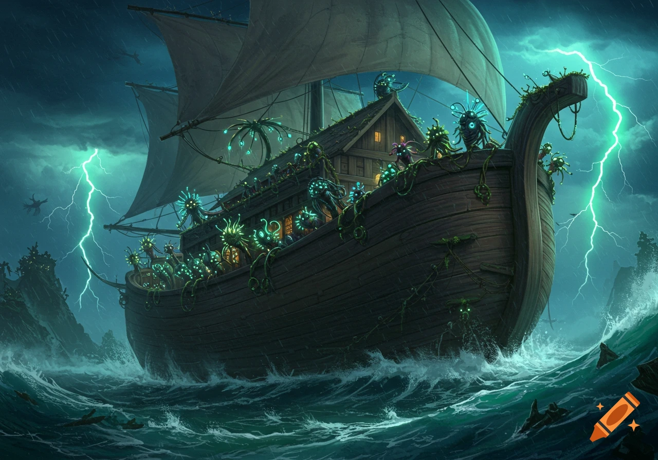 Large wooden ark-like ship filled with glowing alien creatures sailing through a stormy sea with green lightning in a dark fantasy art style.