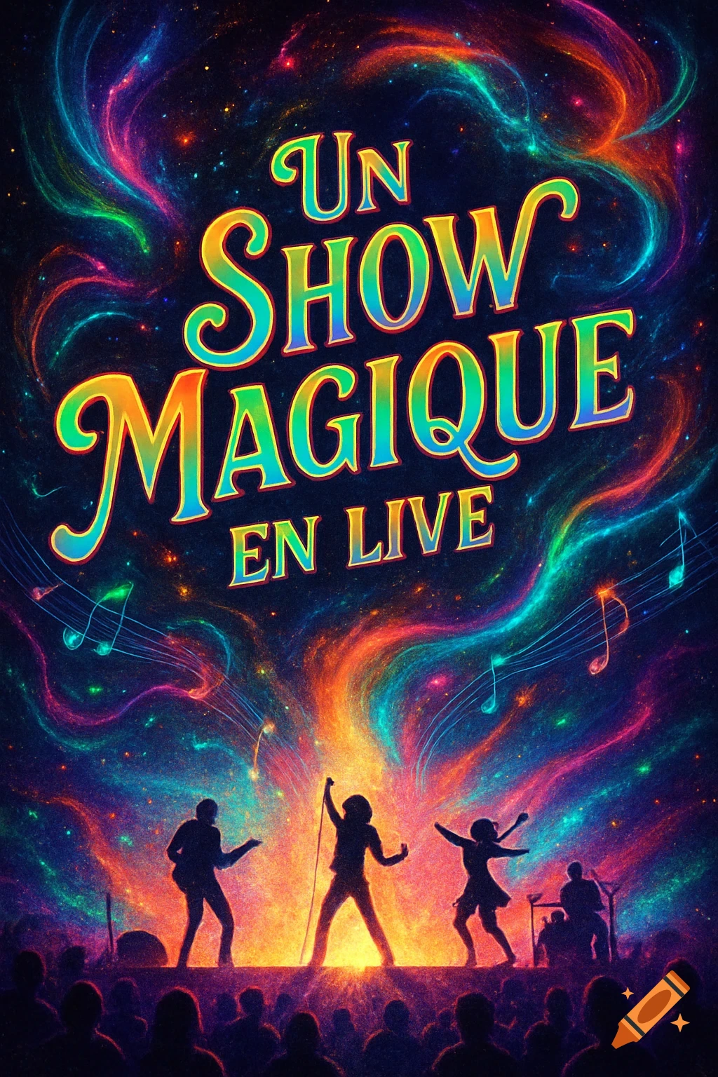 Colorful concert poster for "UN SHOW MAGIQUE EN LIVE" with a band performing on stage, a crowd, and cosmic background.