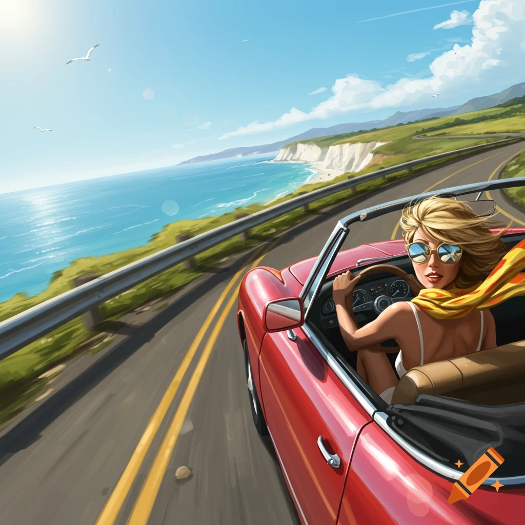 Blonde woman in sunglasses driving a red convertible along a winding coastal road with cliffs and blue ocean.