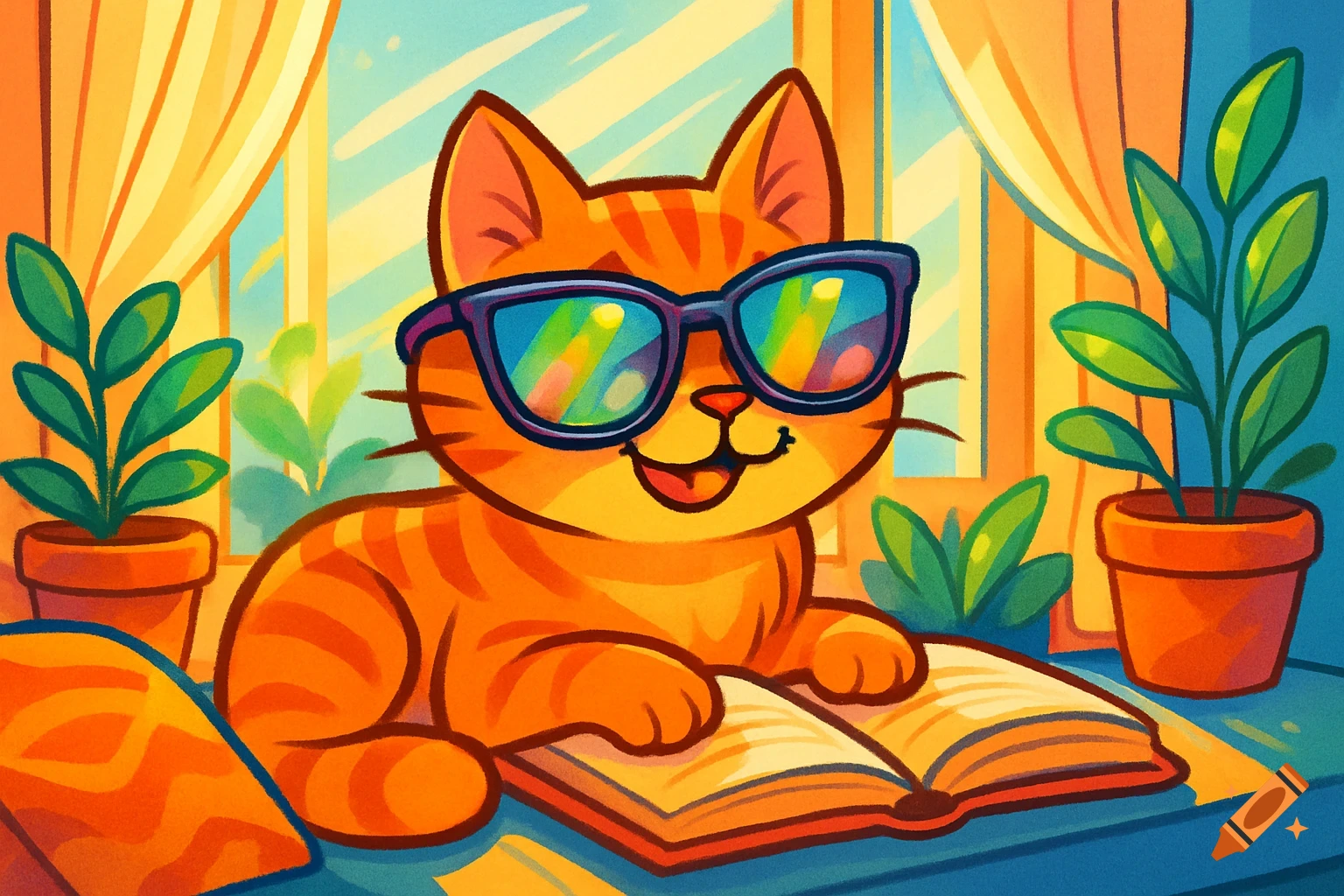 A colorful cartoon illustration of an orange tabby cat wearing rainbow sunglasses reading an open book by a sunny window with potted plants.