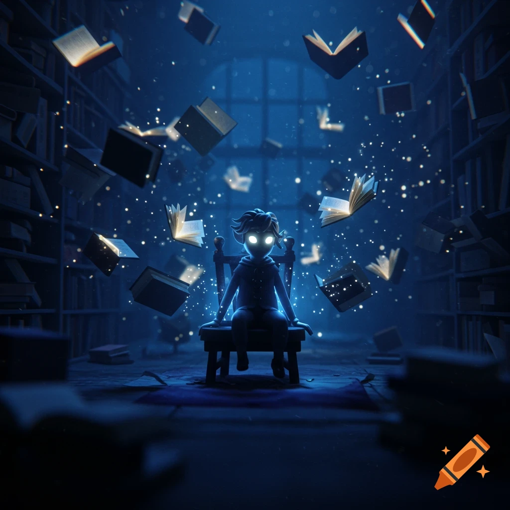 A mystical figure with glowing eyes sits on a chair in a dark library, surrounded by floating, glowing books and magical sparkles.