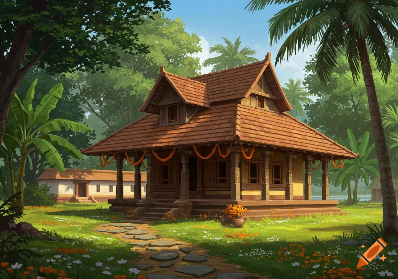 An illustration of a traditional Kerala-style house or temple with a tiled roof, surrounded by lush tropical greenery and palm trees.