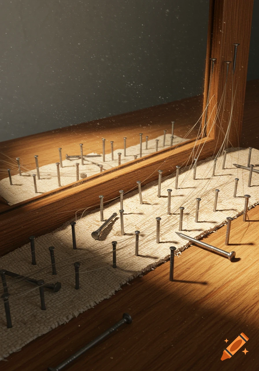 Close-up of nails hammered into a beige fabric strip on a wooden table, with hair strands tied around some nails, reflecting in a mirror.