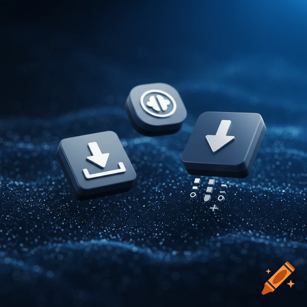 Three 3D-rendered icons: a download symbol, a play/pause symbol, and another download arrow with digital particles, on a dark blue background.