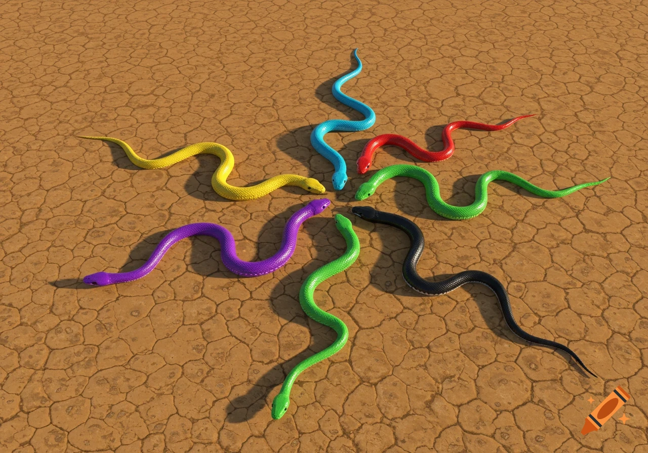 Seven brightly colored snakes (yellow, purple, light green, dark green, black, red, and blue) crawl outwards on cracked, dry earth.