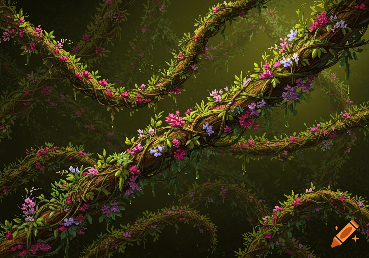 Intertwining vines covered in pink and purple flowers and green leaves against a dark, mystical background.