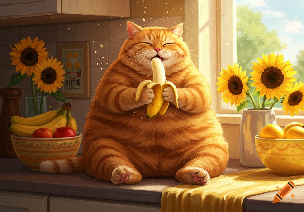A fluffy ginger cat happily eats a peeled banana while sitting on a kitchen counter with sunflowers and fruit.