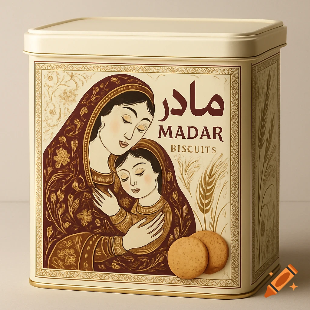 A beige biscuit tin with a Persian illustration of a mother and child, 'Madar Biscuits' text, wheat stalks, and two biscuits.
