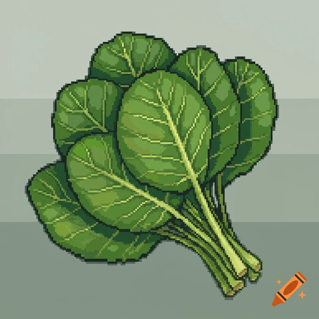 A bundle of vibrant green collard greens rendered in a retro pixel art style.