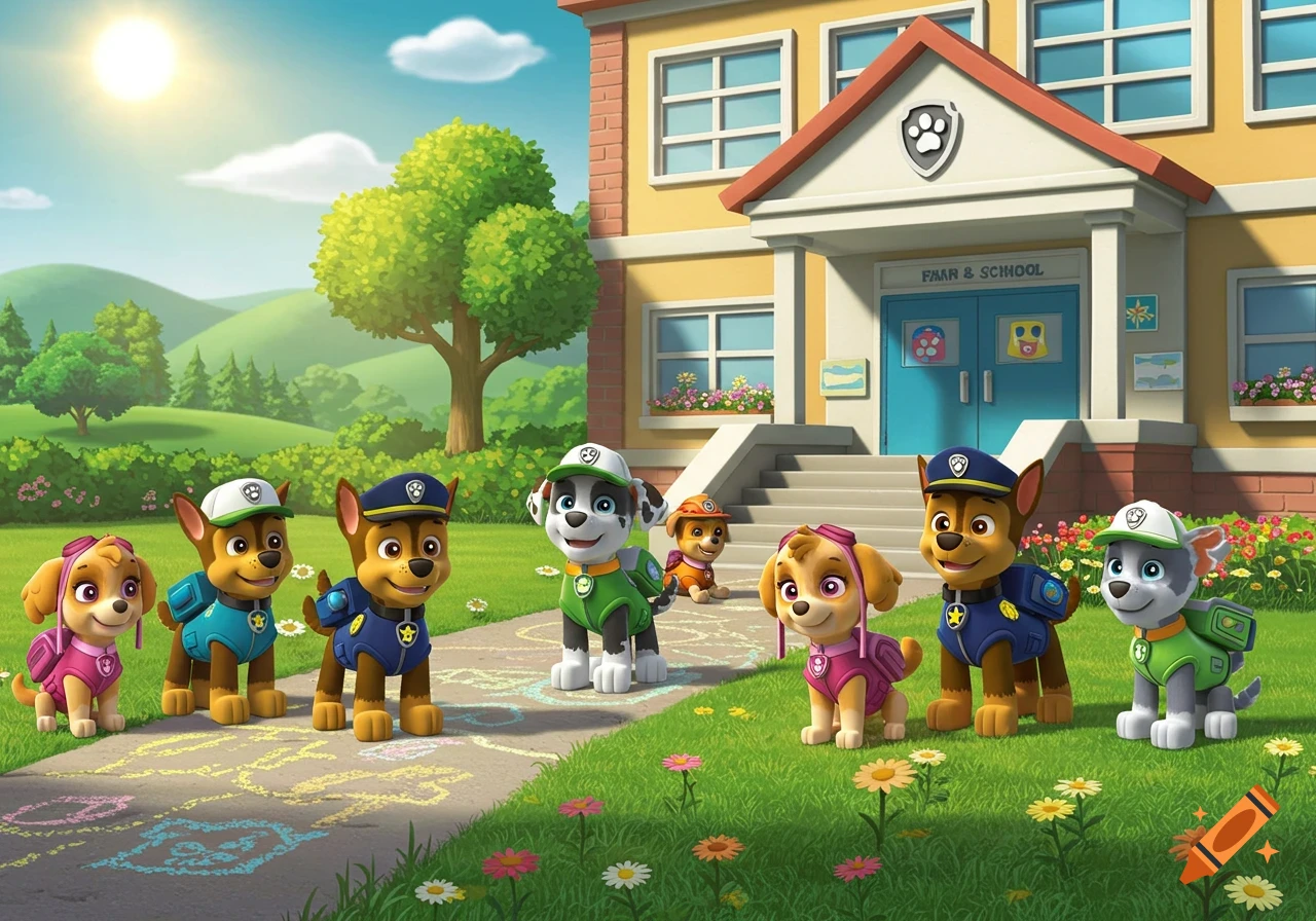 Paw Patrol characters, including Chase, Skye, Marshall, and Rocky, stand outside a colorful school on a sunny day.