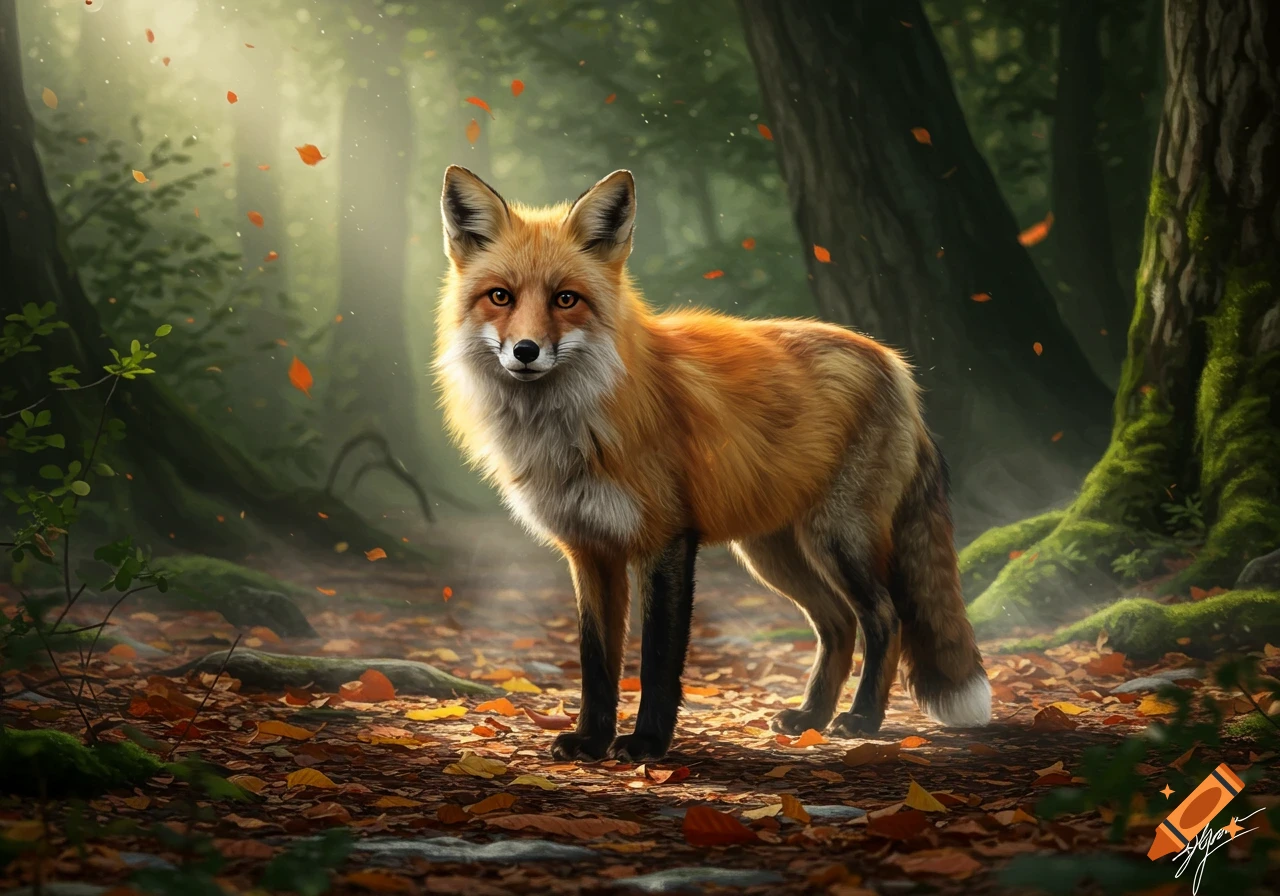 A photorealistic fox with orange fur stands in a sunlit autumn forest, surrounded by fallen leaves.