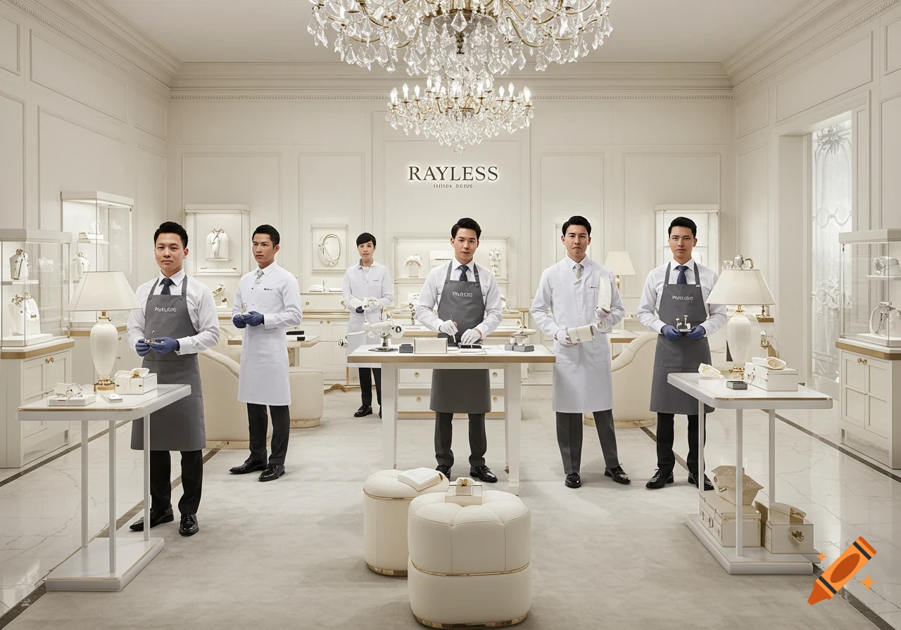 A group of male workers in white shirts, ties, and grey aprons with blue gloves stand in a luxurious, brightly lit jewelry store.