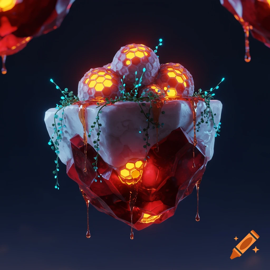 A 3D render of a floating white rock and red crystal structure with glowing orange honeycomb spheres, dripping honey, and luminous blue vines against a dark background.