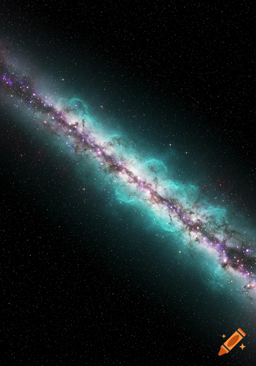 A vibrant galaxy composed of many stars and illuminated with glowing purple and teal nebulae against a dark, star-filled space.