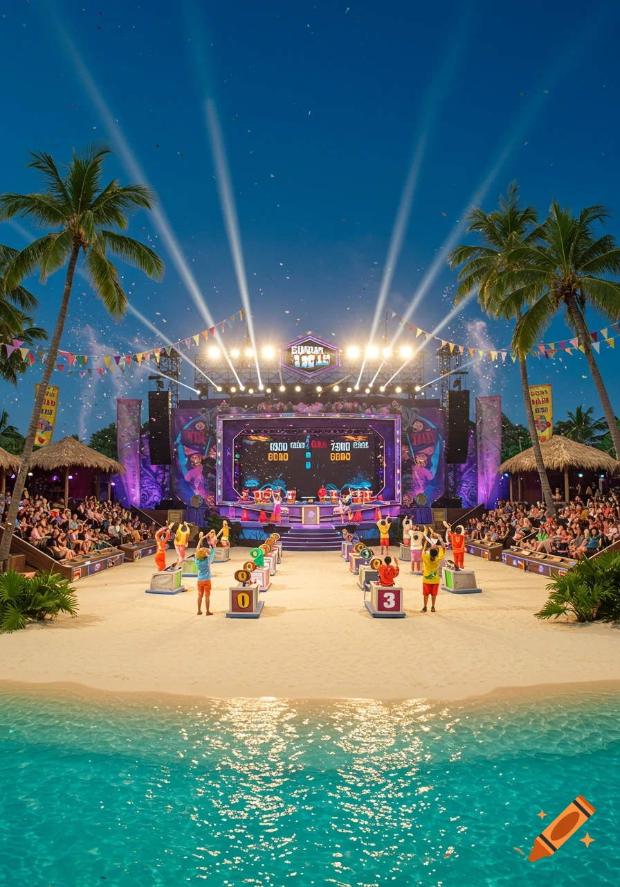 A vibrant outdoor game show unfolds on a tropical beach at dusk, with contestants, a large stage, spotlights, and confetti.