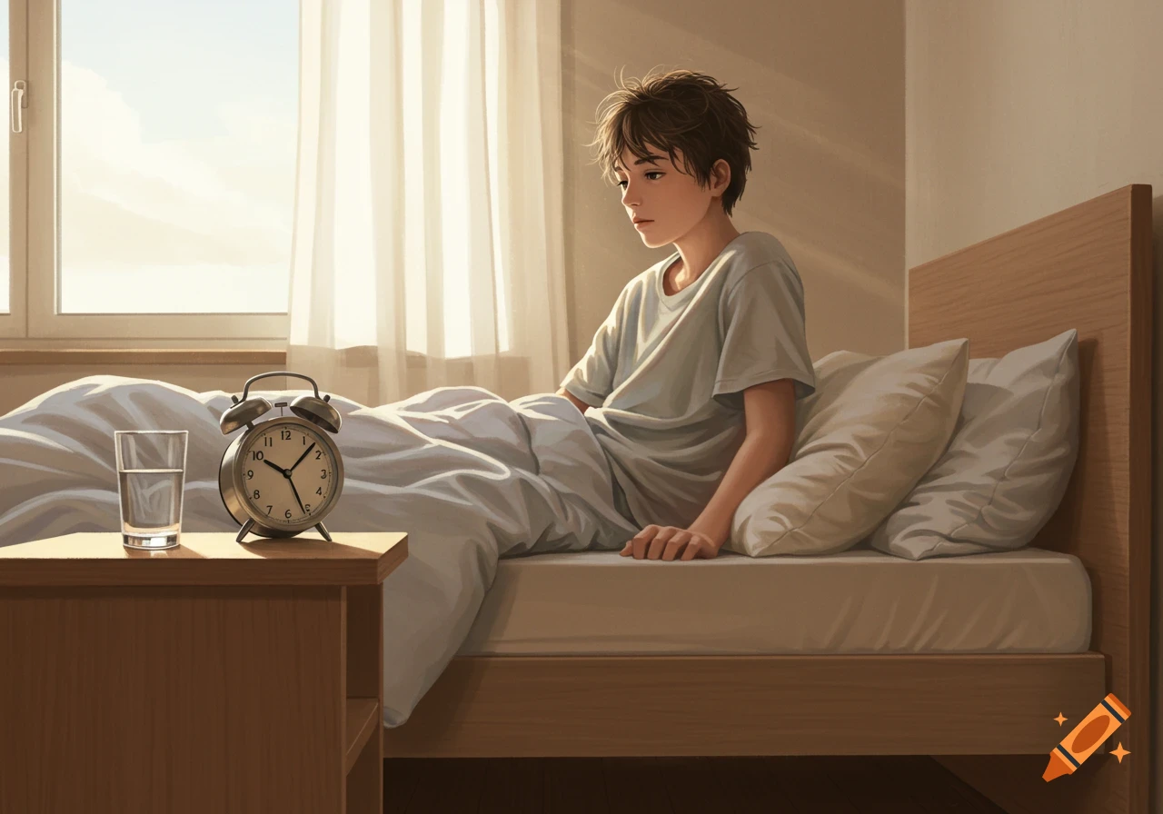 An illustration of a young person waking up in bed, sunlight streaming through a window. An alarm clock and glass of water are on the bedside table.
