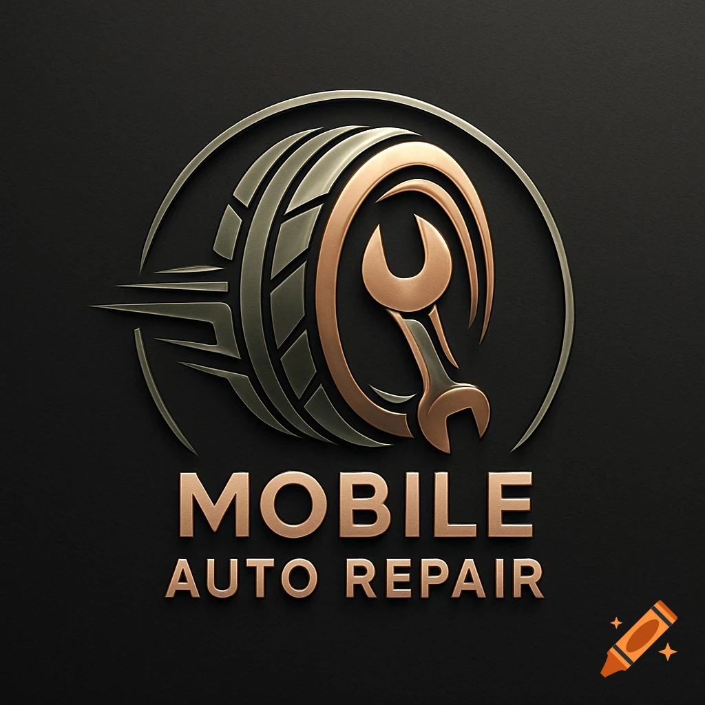 A 3D metallic logo for "Mobile Auto Repair" featuring a tire and a wrench in copper and dark olive green on a dark background.