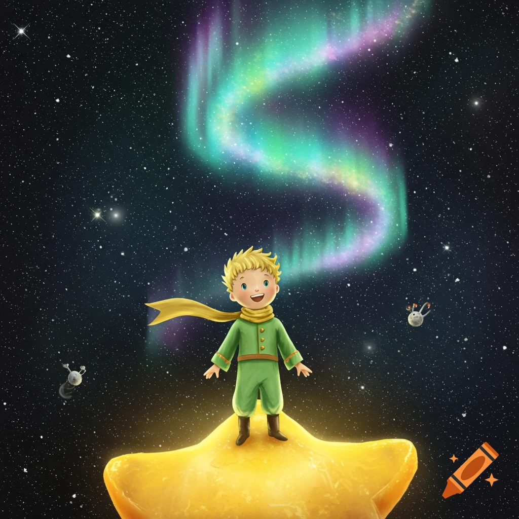 Illustration of The Little Prince standing on a yellow star in space with a vibrant aurora and stars.
