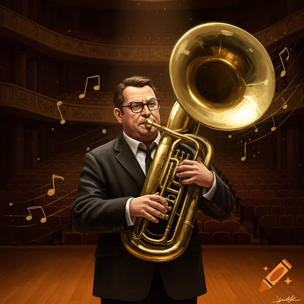 A man with short brown hair and glasses plays a golden tuba on a stage, with musical notes floating around him.