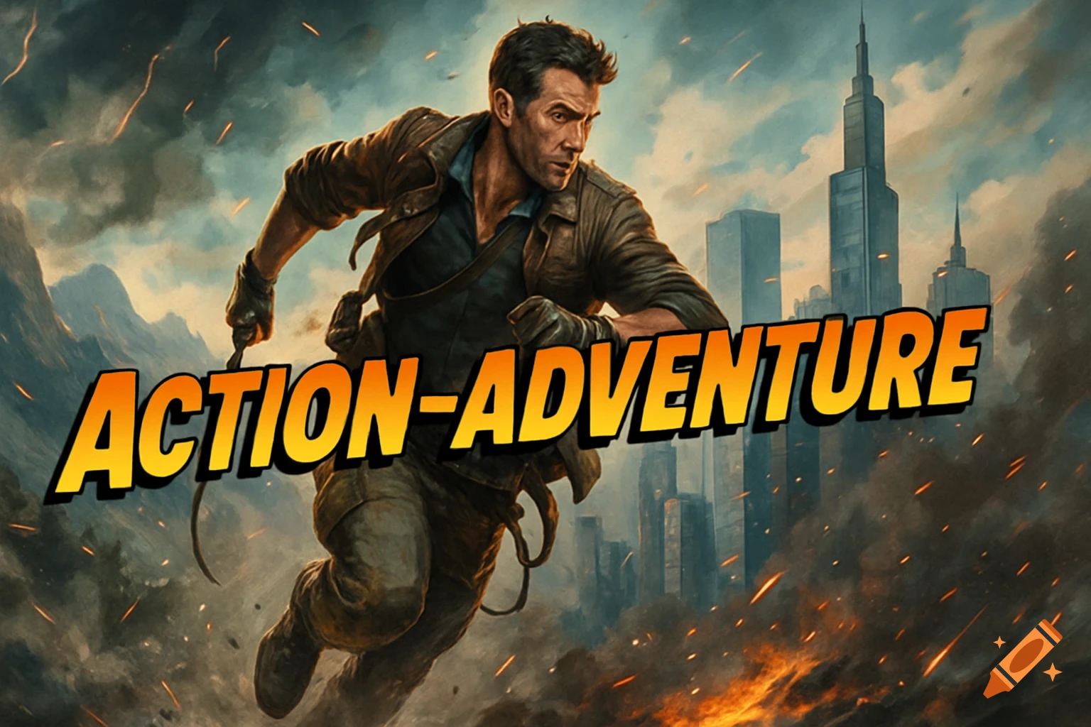 An adventurous man runs across a landscape with a city and mountains, holding a whip. The text 'ACTION-ADVENTURE' is prominently displayed in a dynamic, illustrative style.