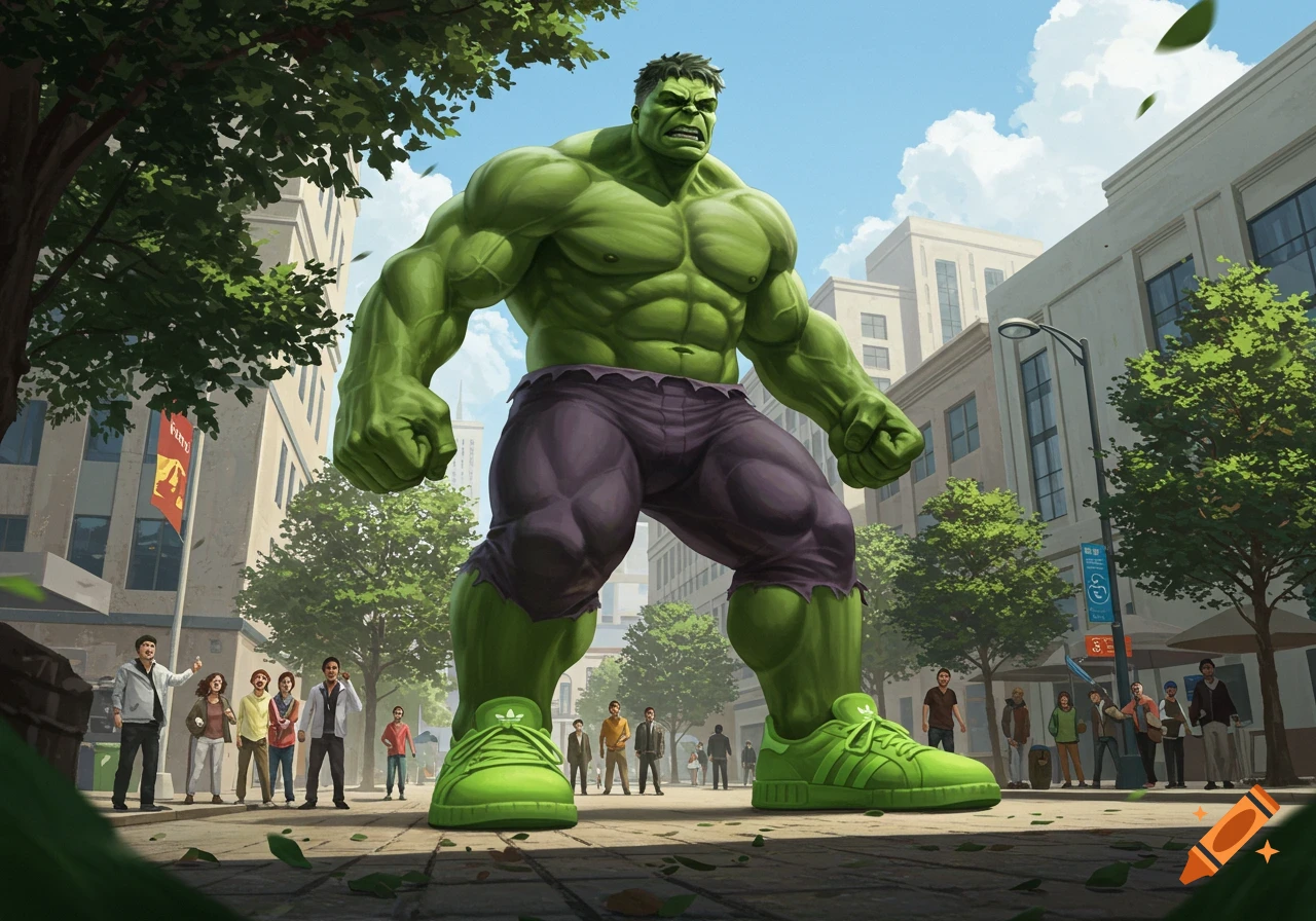 A giant green Hulk wearing purple torn shorts and large green Adidas sneakers stands on a city street, surrounded by tiny people and buildings.