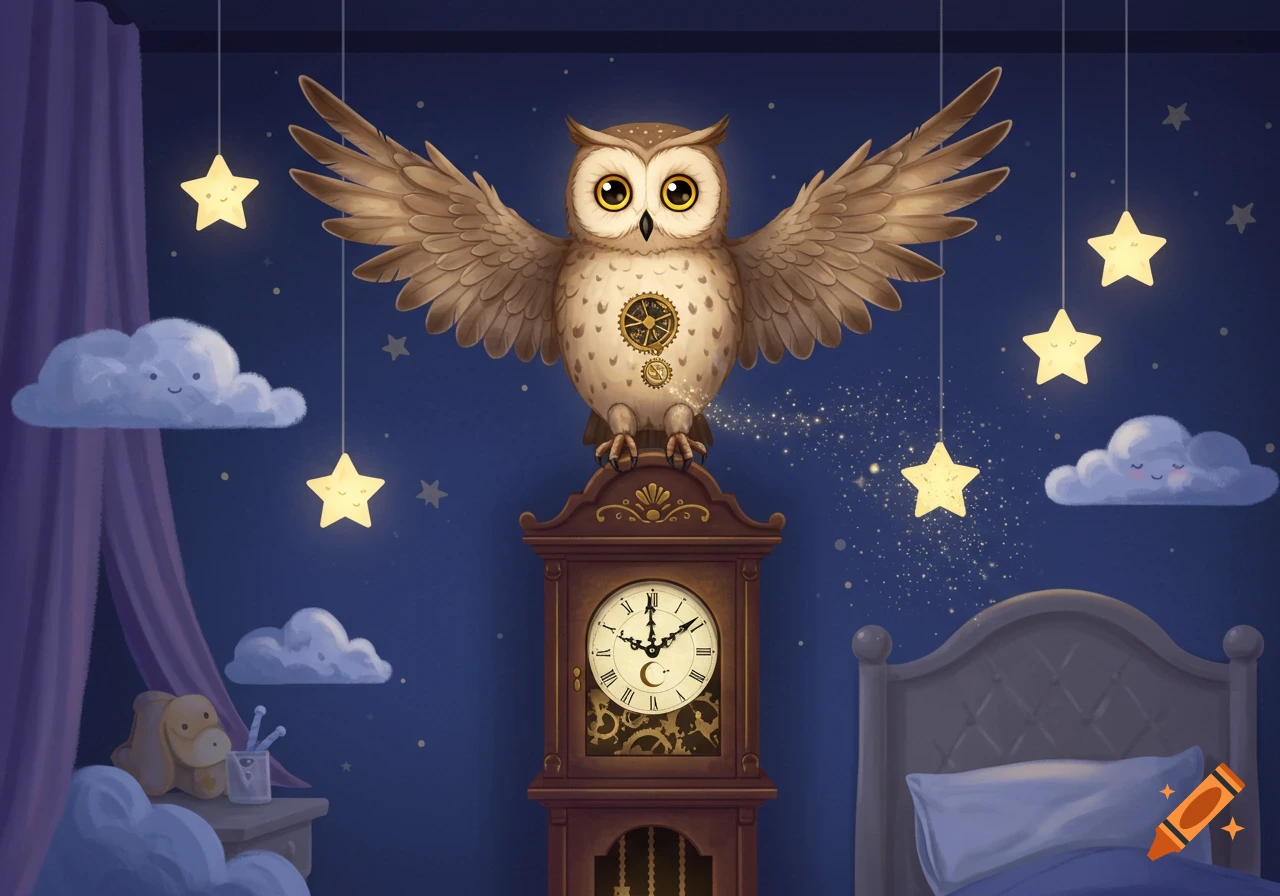 Whimsical illustration of an owl with outstretched wings perched on a grandfather clock in a child's bedroom at night, with glowing stars.