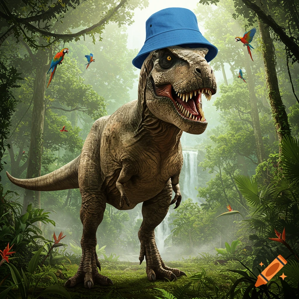 A T-rex wearing a blue bucket hat stands in a lush jungle with a waterfall and parrots flying around.