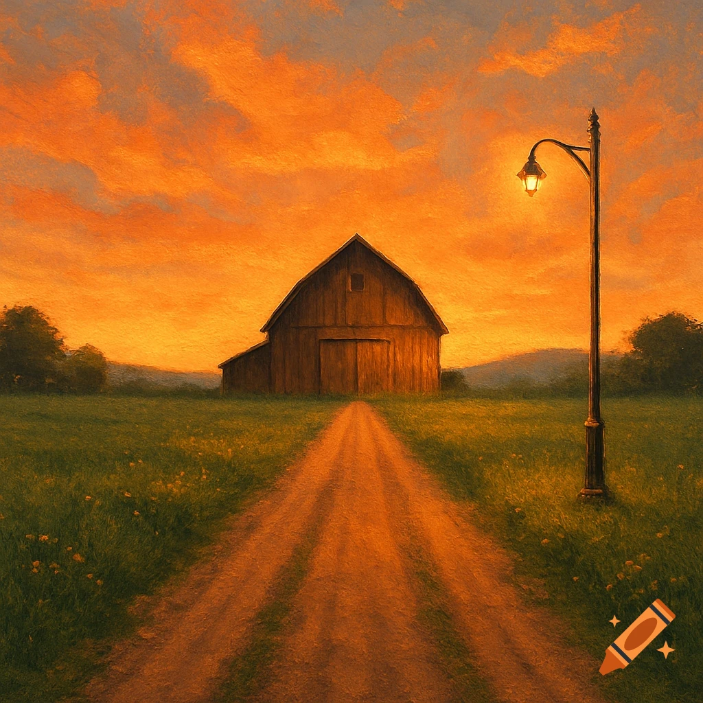 A painterly rural landscape at sunset, featuring a dirt path leading to a rustic barn and a glowing street light.