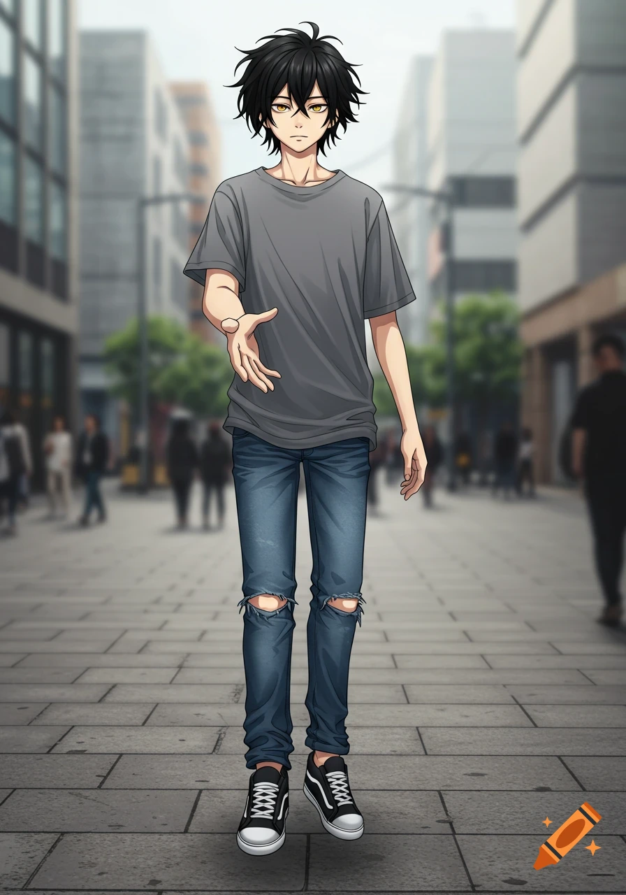 An anime teenage boy with messy black hair, gray t-shirt, ripped jeans, and black sneakers extends a hand on a city street, his feet hovering.