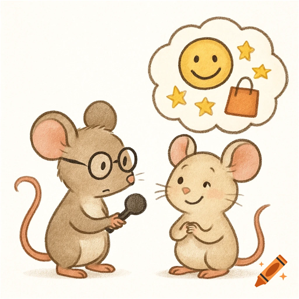 A cartoon mouse reporter with glasses interviews another mouse, who thinks of a smiley face, stars, and a shopping bag. Illustrated.