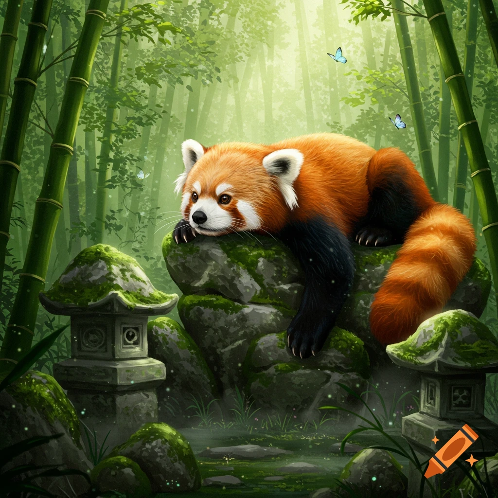 A red panda rests on a mossy rock in a vibrant bamboo forest with stone lanterns and butterflies, in a fantasy art style.