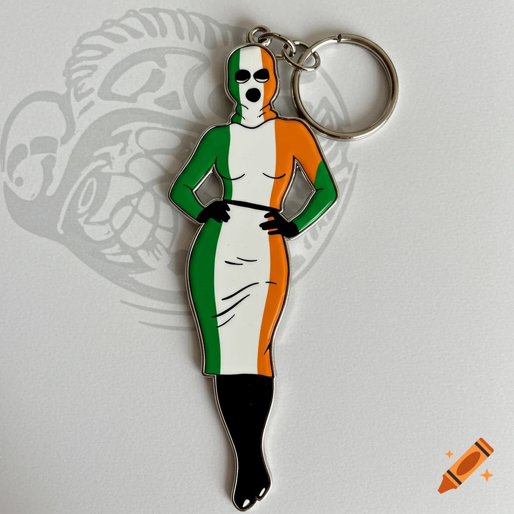 A metal keychain depicting a woman wearing an Irish tricolour dress and balaclava, with black gloves and boots.