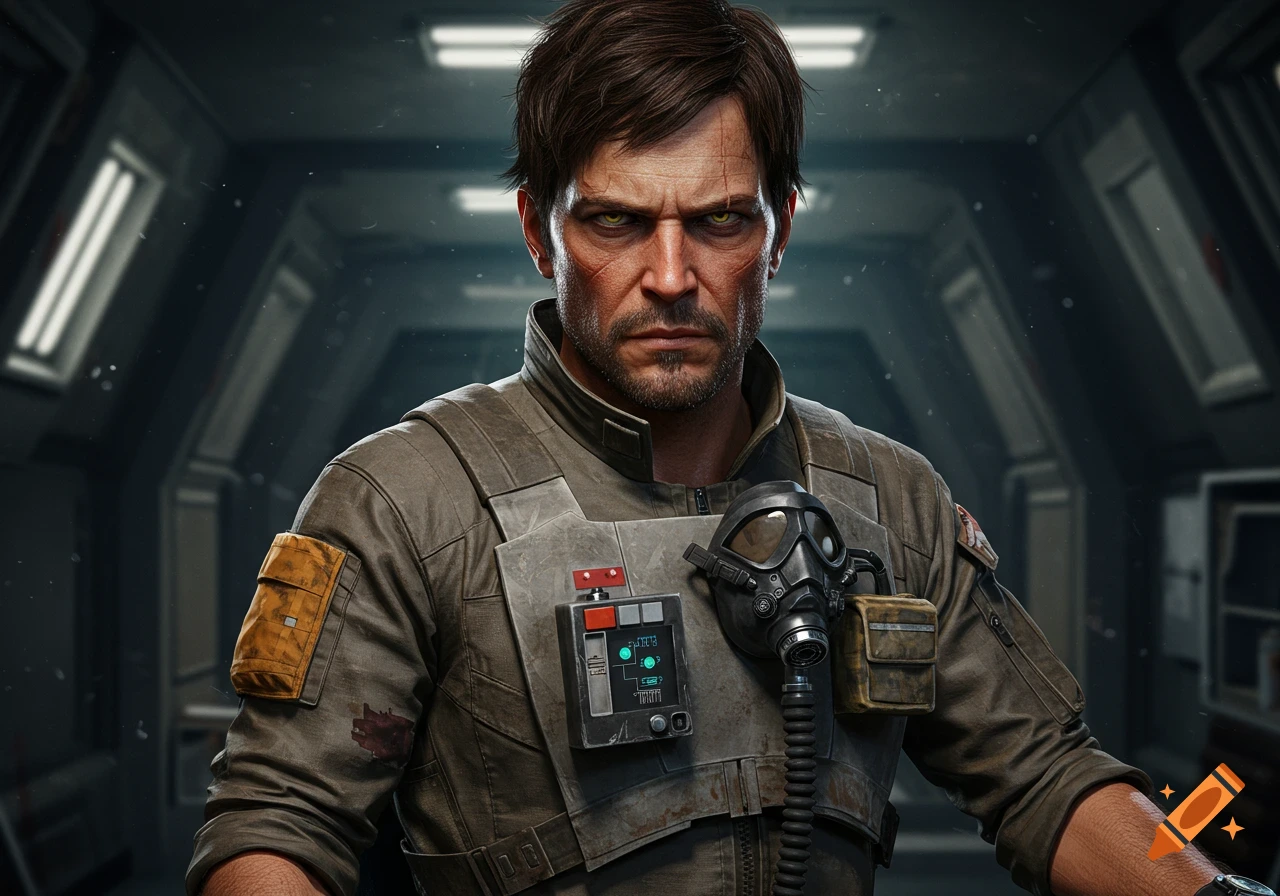 A close-up, photorealistic portrait of a rugged man with scars, yellow eyes, and dark hair, wearing a grey sci-fi pilot or soldier uniform and tactical gear, against a blurred spaceship interior background.