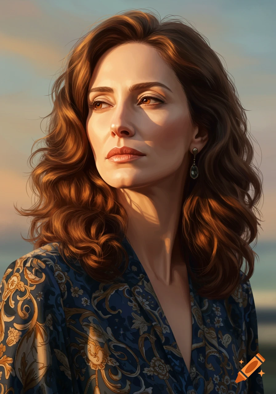 Digital painting of a woman with wavy brown hair in a patterned blue dress, looking sideways, bathed in warm light against a soft sky.