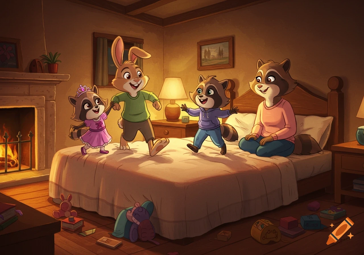 Disney-style cartoon of an anthropomorphic rabbit and two raccoon children playing on a bed while a raccoon mom watches in a cozy bedroom with a fireplace.