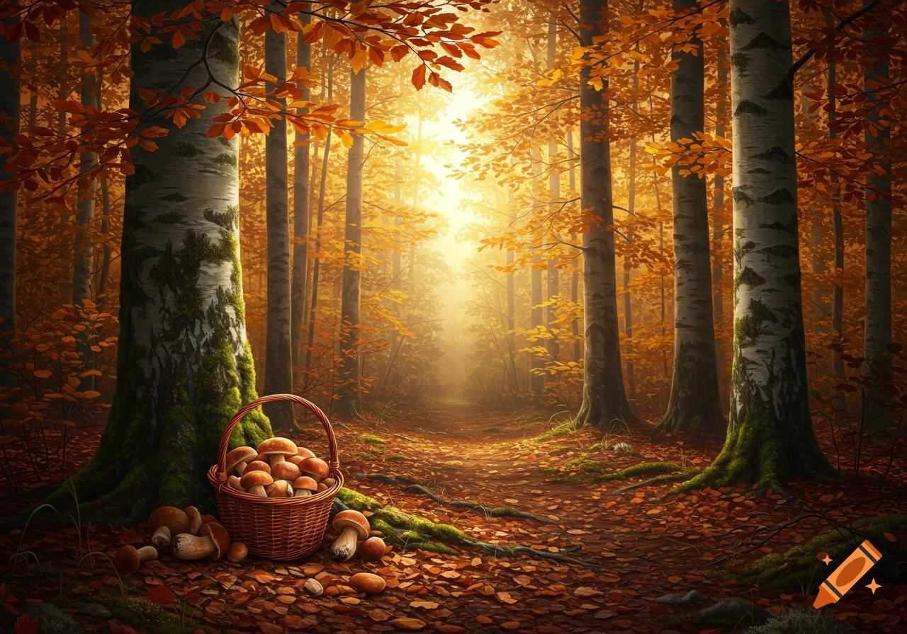 A vibrant, photorealistic autumn forest scene with golden and orange leaves, a path, and a basket filled with bolete mushrooms on the ground.