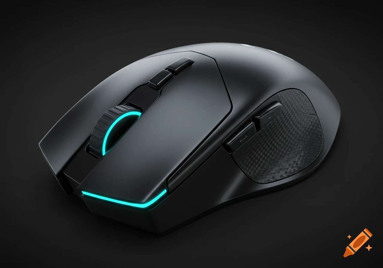 A sleek black computer mouse with glowing blue accents on the scroll wheel and front edge, against a dark background.
