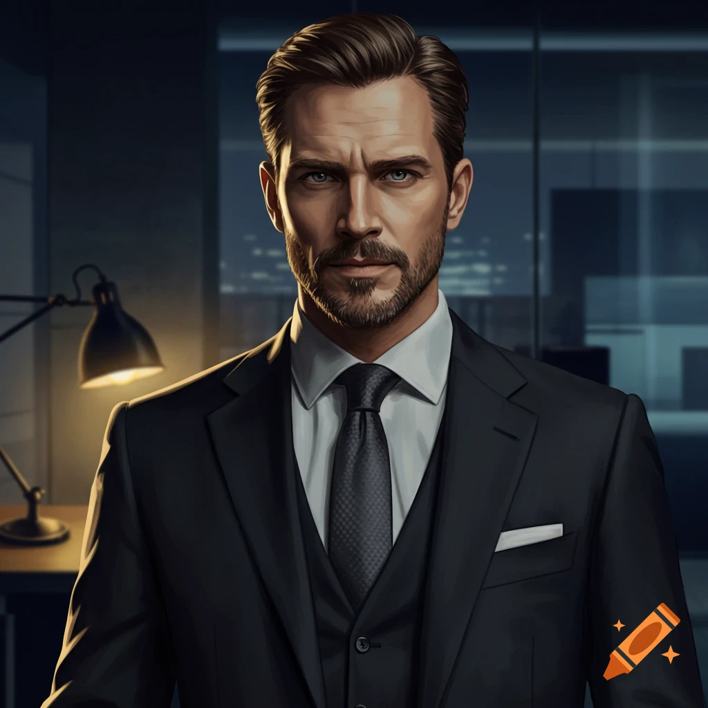 Illustrative portrait of a serious, attractive male manager in a dark suit and tie, against an office background.