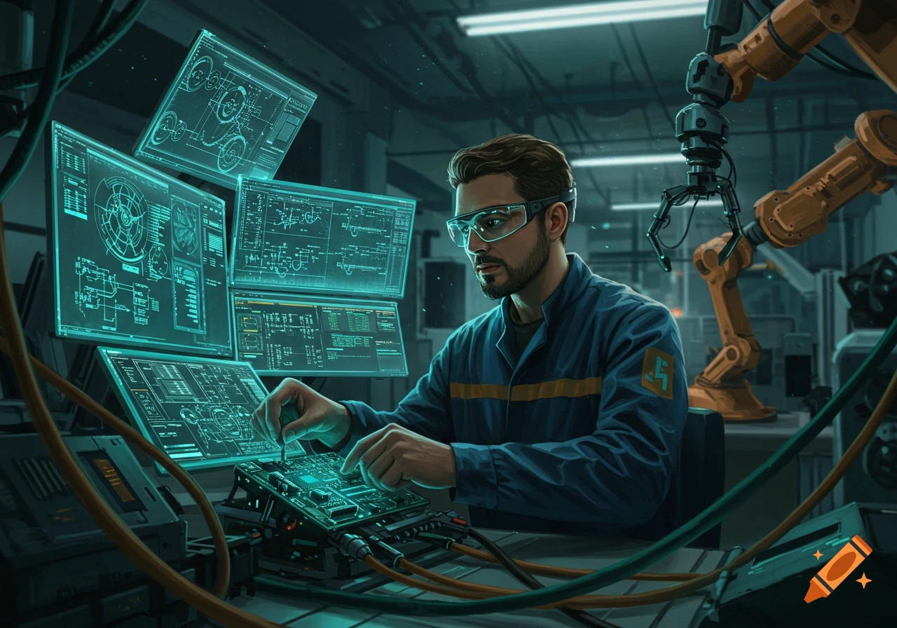 A male engineer with safety glasses works on a circuit board, surrounded by holographic screens displaying schematics, and a robotic arm in the background.