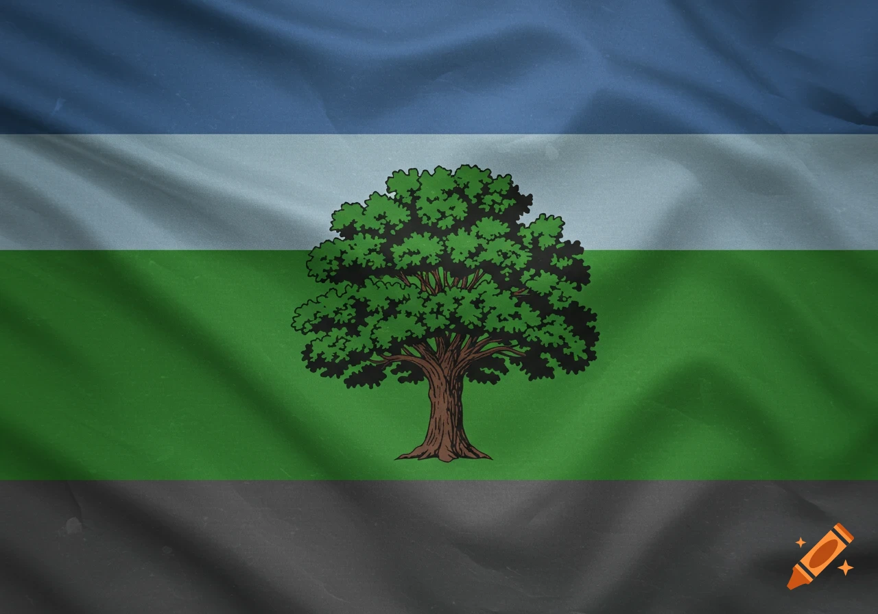 A wavy flag with blue, light grey, and dark grey horizontal stripes, featuring a green oak tree in the center.