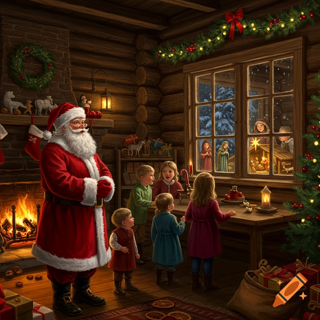 Santa Claus and children inside a cozy log cabin, decorated for Christmas, looking at a nativity scene through a window.
