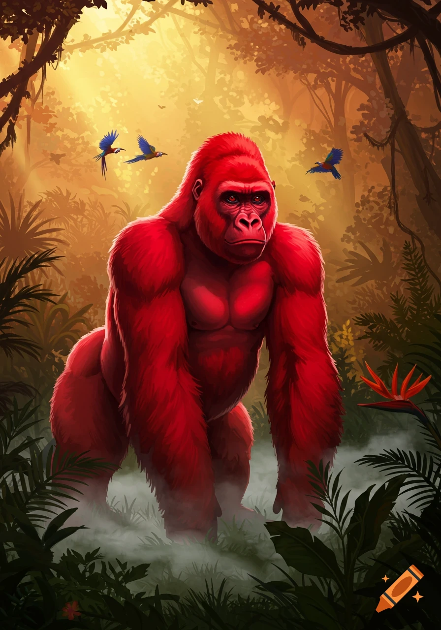 A vibrant illustration of a red gorilla standing in a misty, sun-dappled jungle with flying birds and tropical flowers.