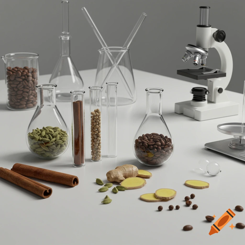 A minimalist laboratory setup with various scientific glassware holding coffee beans, cardamom, and other spices, alongside fresh ginger and a microscope.